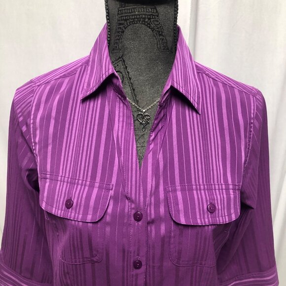 Joanna Blouse Womens Size Small Petite Purple Button Down Stretch Shirt Vintage - Picture 2 of 6